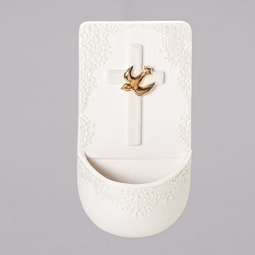 7"  Holy Water Font - White with Gold Color Dove - St. Mary's Gift Store