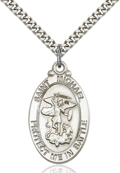 St. Michael Guardian Angel Sterling Silver Medal with 24 inch Chain. 1 1/8 x 5/8 - St. Mary's Gift Store