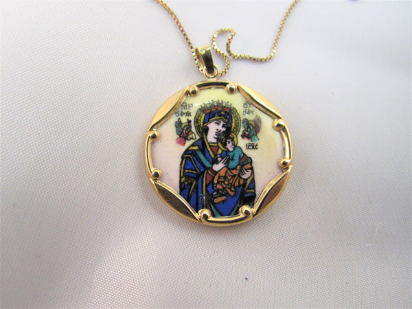Hand Painted Our Lady of Perpetual Help Pendant -14KT - St. Mary's Gift Store