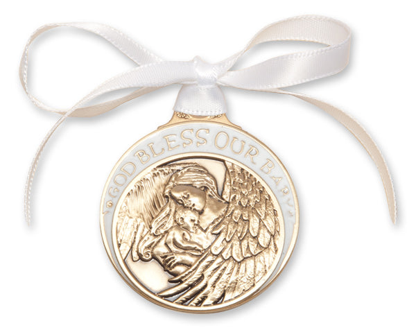 Gold Plated Baby Angel Crib Medal with White Ribbon, 2 inches - St. Mary's Gift Store