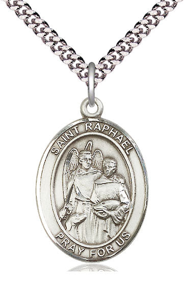 St. Raphael the Archangel Sterling Silver Silver Medal with 24 inch Chain. 1 x 3/4 - St. Mary's Gift Store