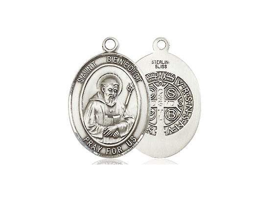 Medalla de plata de ley de San Benito con cadena de 24 pulgadas y 3/4 de pulgada