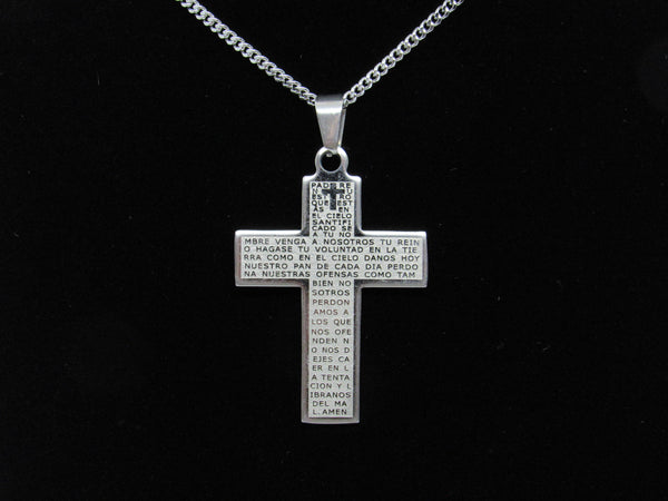 Our Father Stainless Steel Cross, 1 3/4 inch - St. Mary's Gift Store
