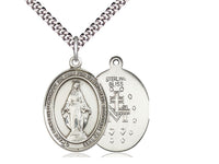 Miraculous Medal - Large Oval Shaped Sterling Silver Pendant  - 24"  Rhodium Plated Chain - St. Mary's Gift Store