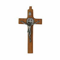 St. Benedict Wood Wall Crucifix with Fine Pewter Corpus, 8 inches - St. Mary's Gift Store