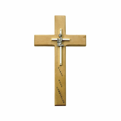 10 inch Personalized First Communion Boy Maple Wood  and Brass Wall Cross - St. Mary's Gift Store